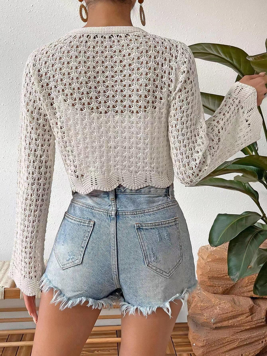 Open Crochet Knit Tie Front Crop Cardigan - White - 2