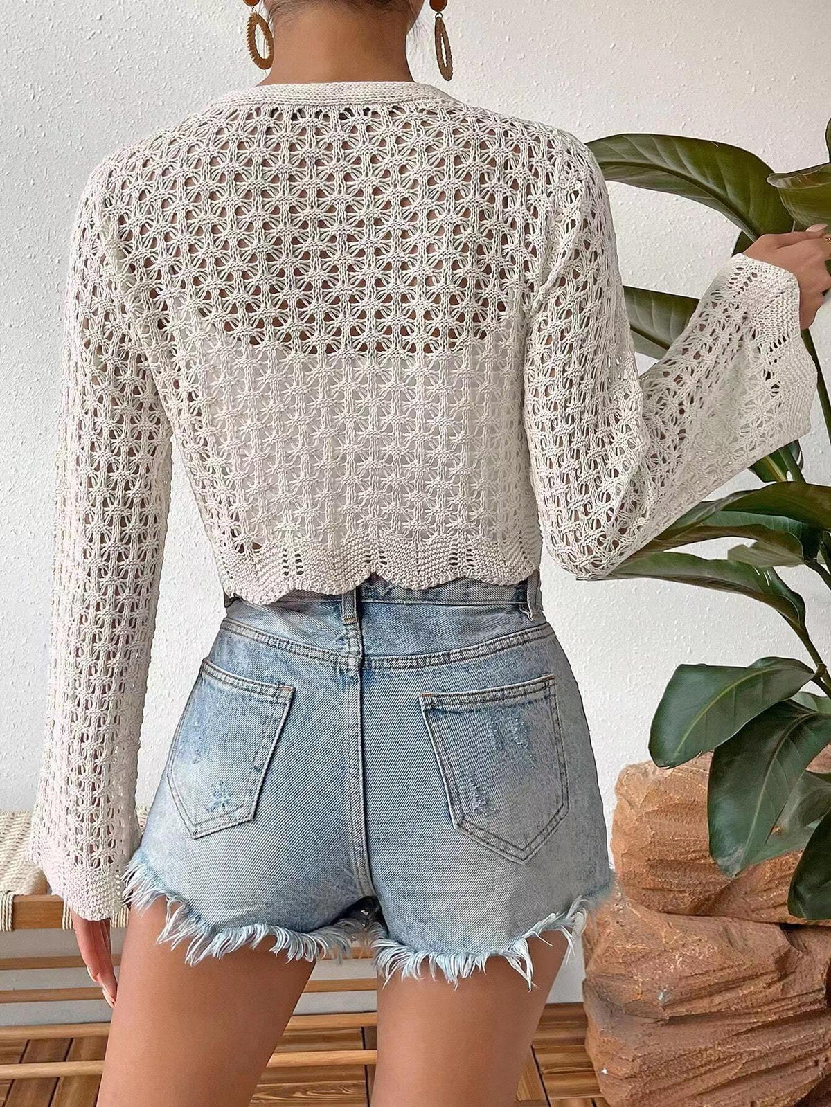 Open Crochet Knit Tie Front Crop Cardigan - White - 2
