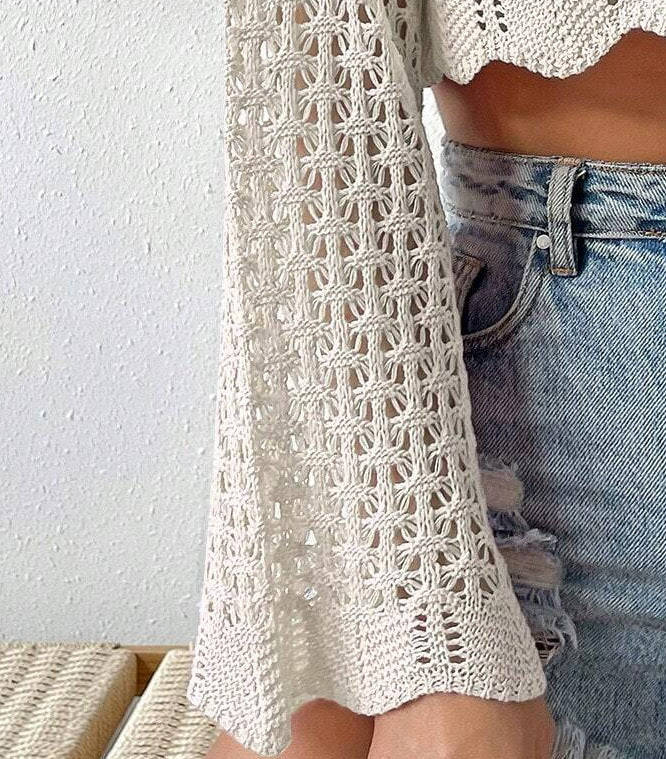 Open Crochet Knit Tie Front Crop Cardigan - White - 3