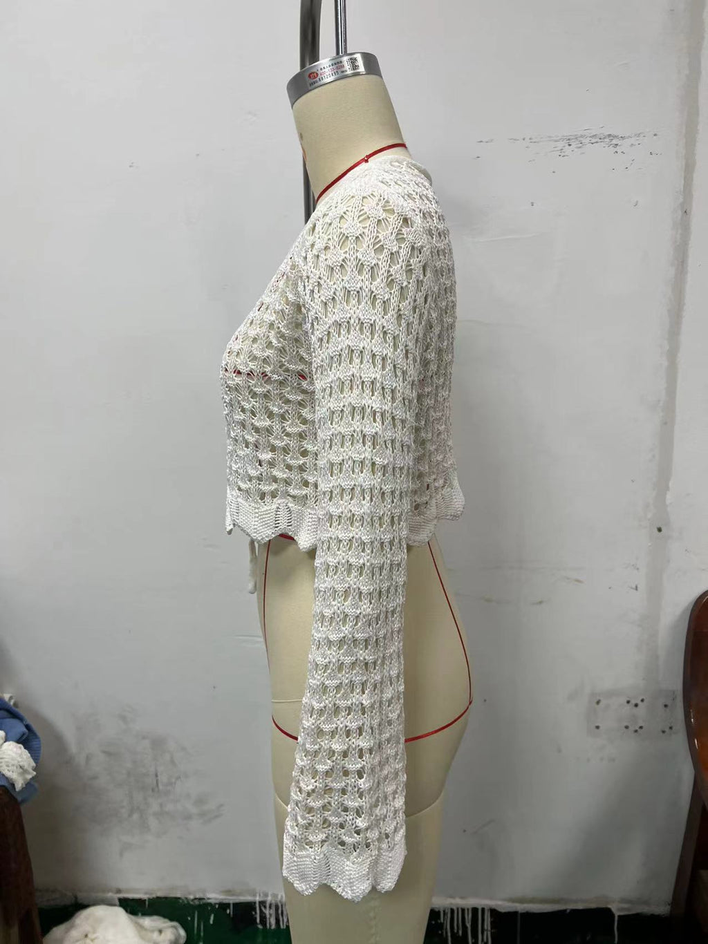 Open Crochet Knit Tie Front Crop Cardigan - White - 4