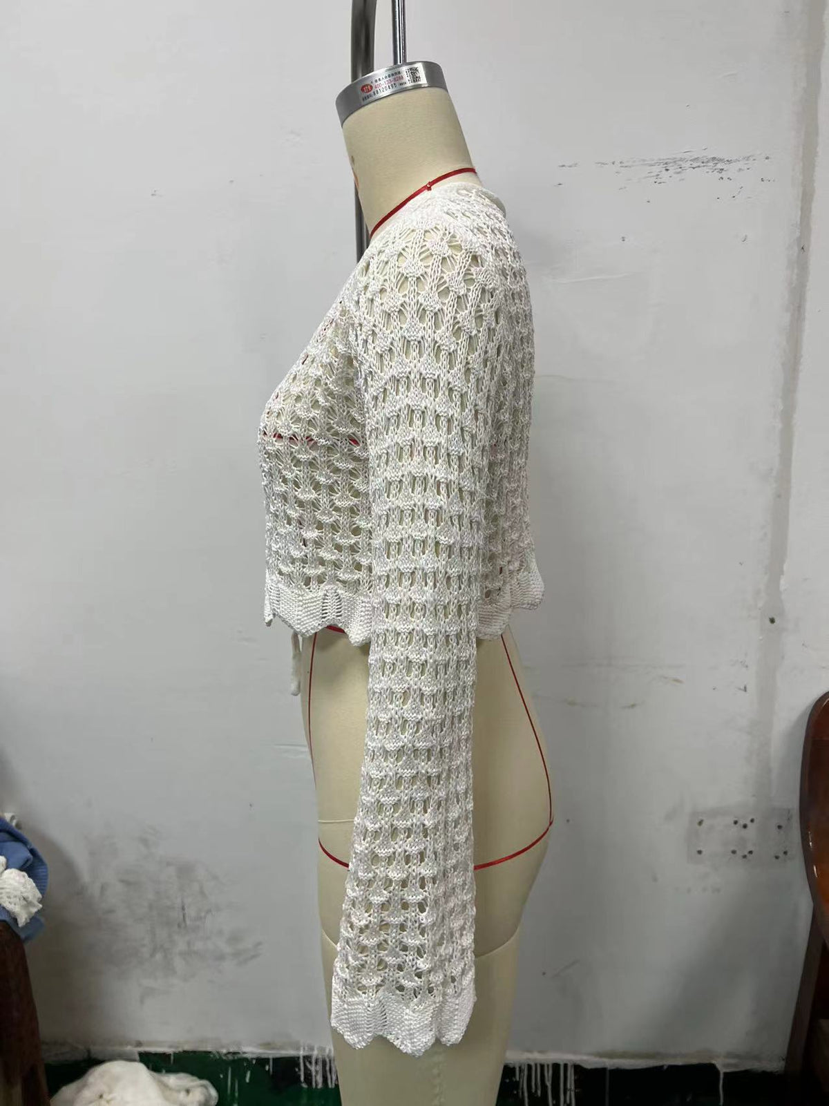 Open Crochet Knit Tie Front Crop Cardigan - White - 4