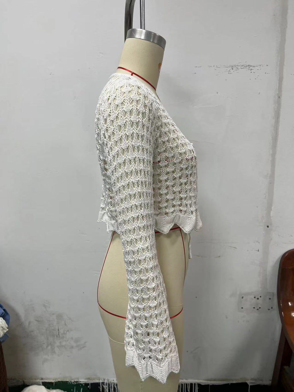 Open Crochet Knit Tie Front Crop Cardigan - White - 5