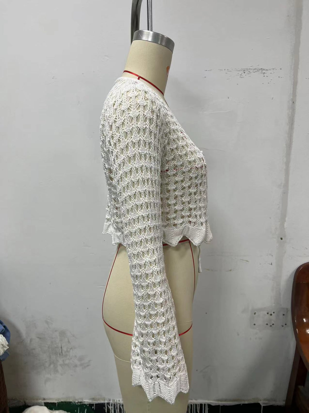 Open Crochet Knit Tie Front Crop Cardigan - White - 5