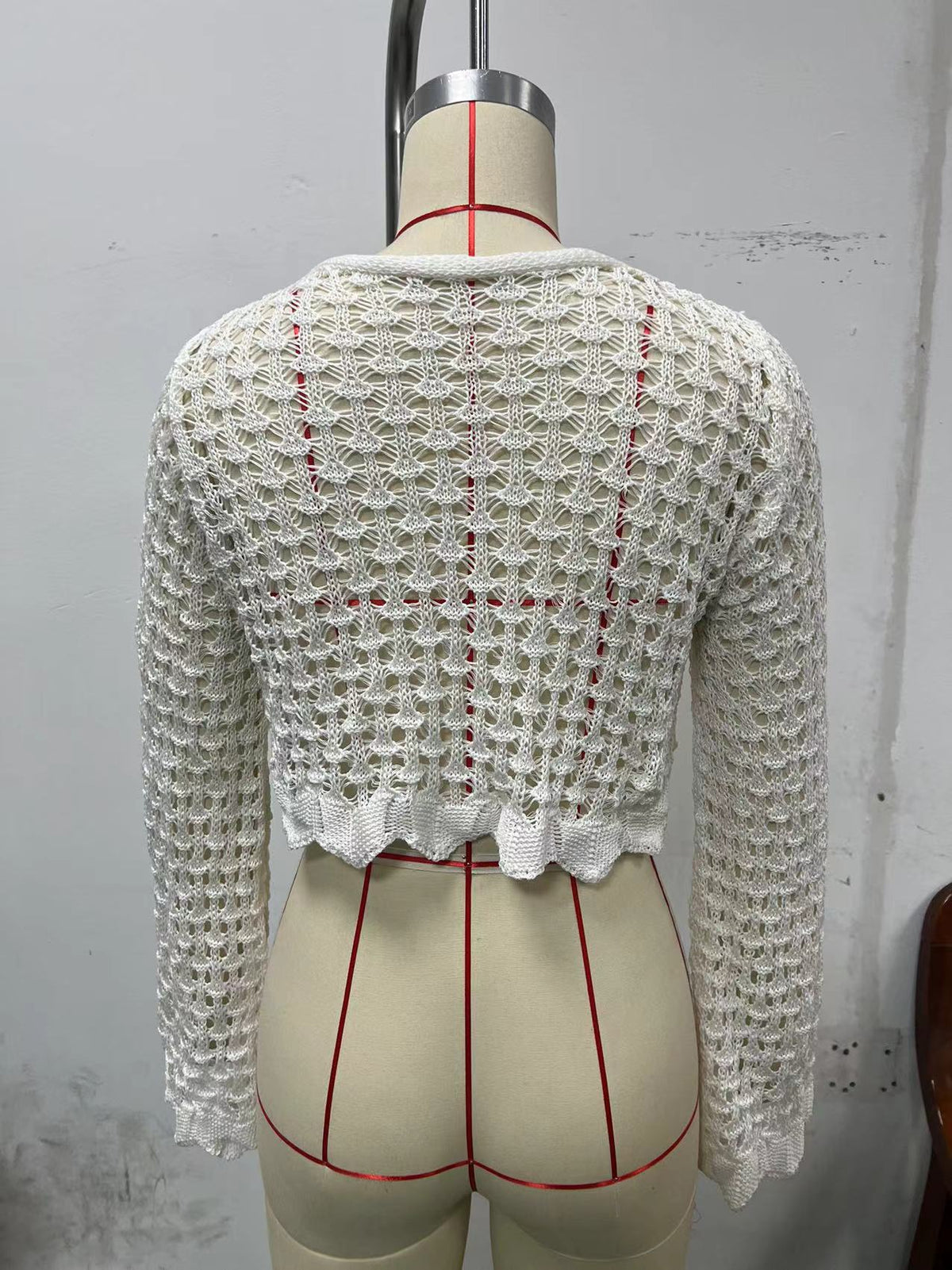 Open Crochet Knit Tie Front Crop Cardigan - White - 6
