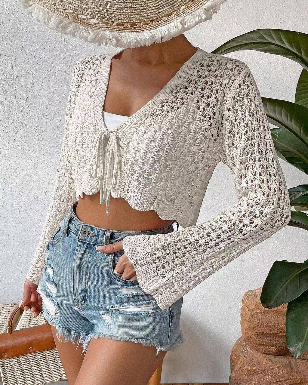 Open Crochet Knit Tie Front Crop Cardigan