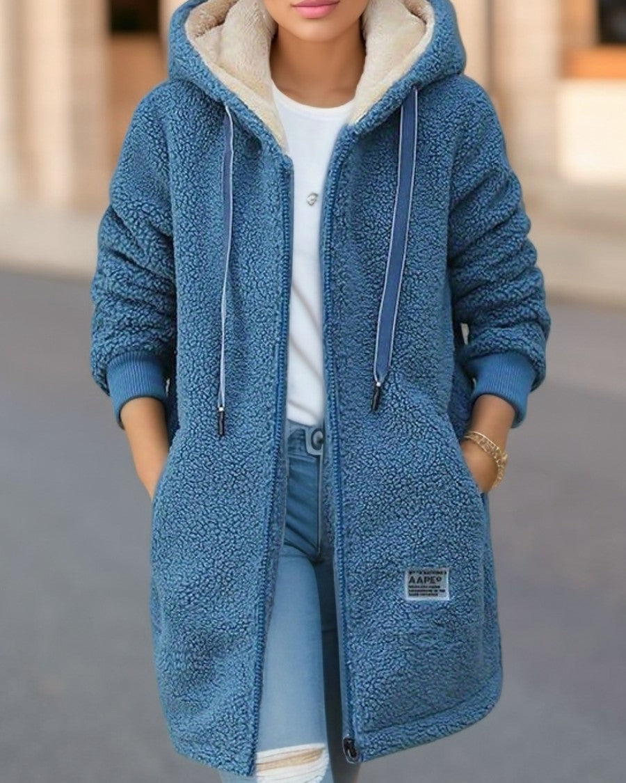 Longline Sherpa Hooded Zip Up Coat - Blue