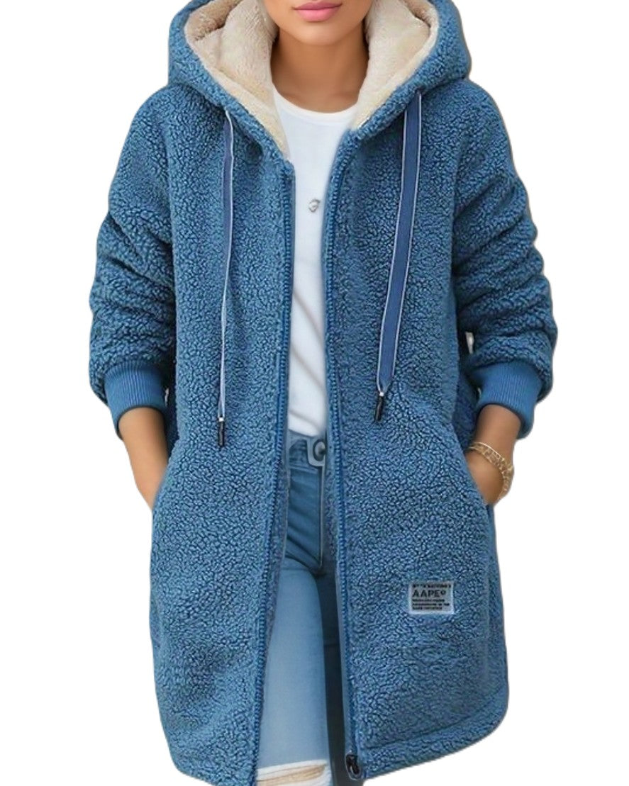 Longline Sherpa Hooded Zip Up Coat - Blue - 1