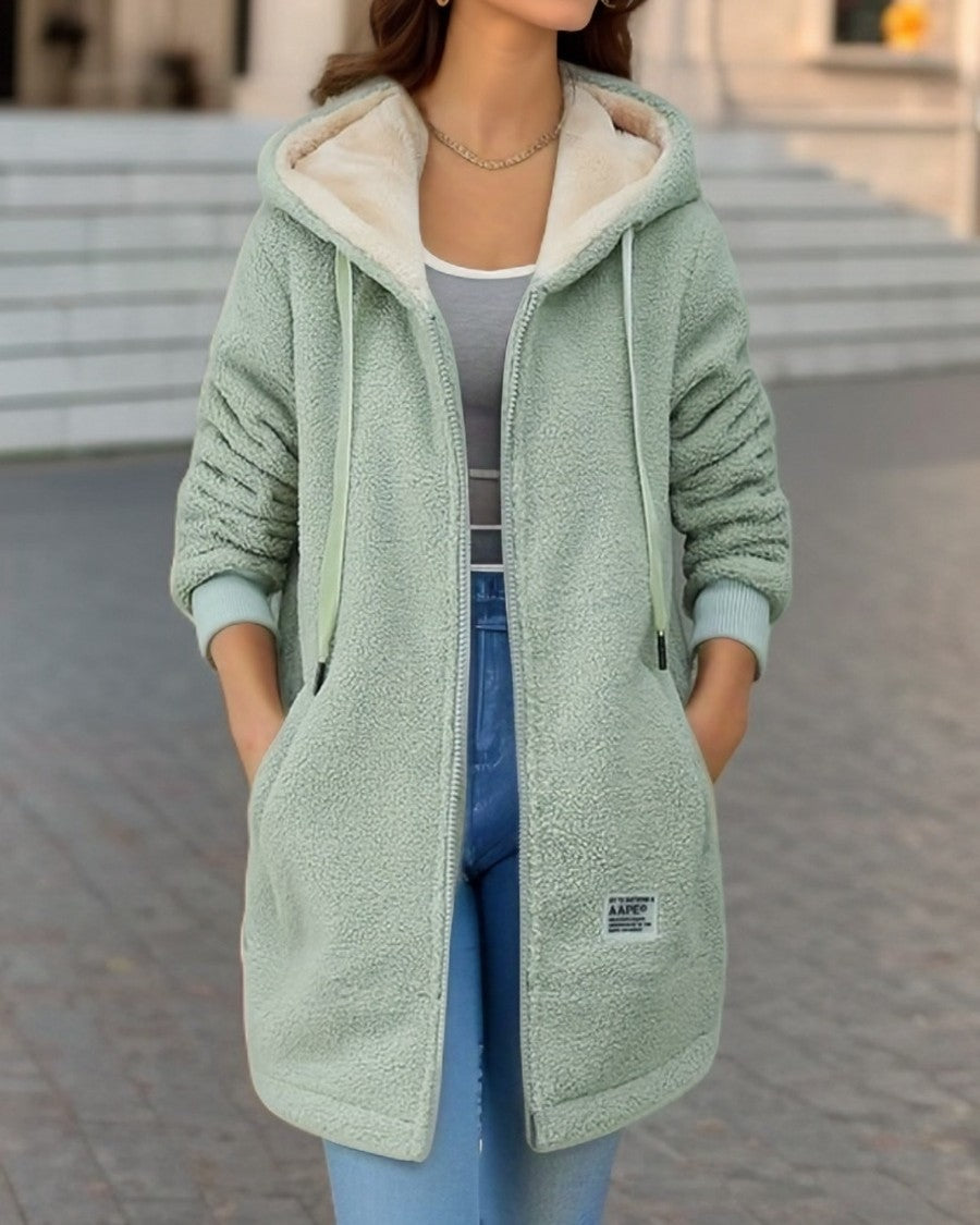 Longline Sherpa Hooded Zip Up Coat - Green