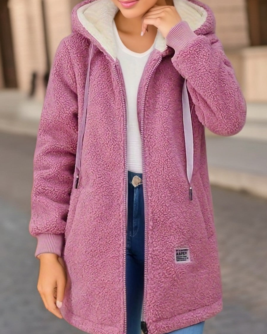 Longline Sherpa Hooded Zip Up Coat - Pink