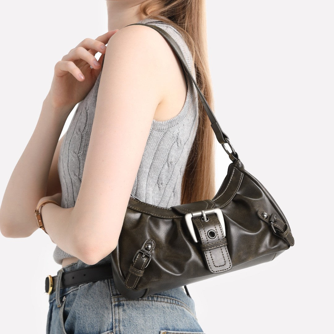 Buckle Detail Ruched Shoulder Bag