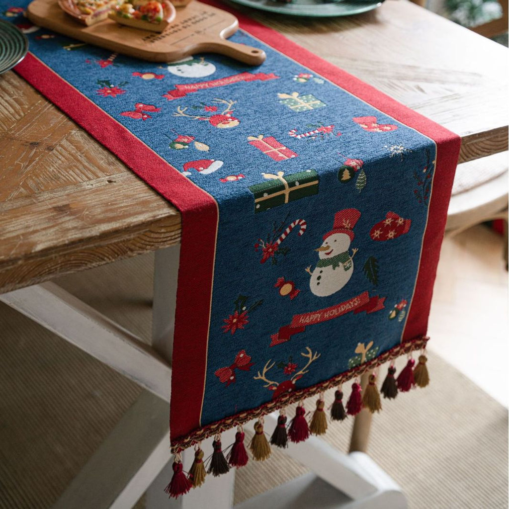 Christmas Jacquard Table Runner with Tassel Trim - Blue