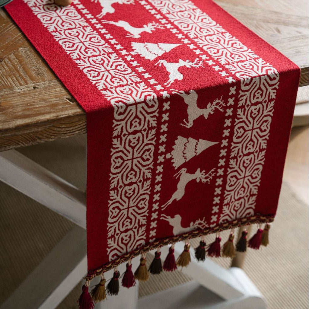 Christmas Jacquard Table Runner with Tassel Trim - Deer