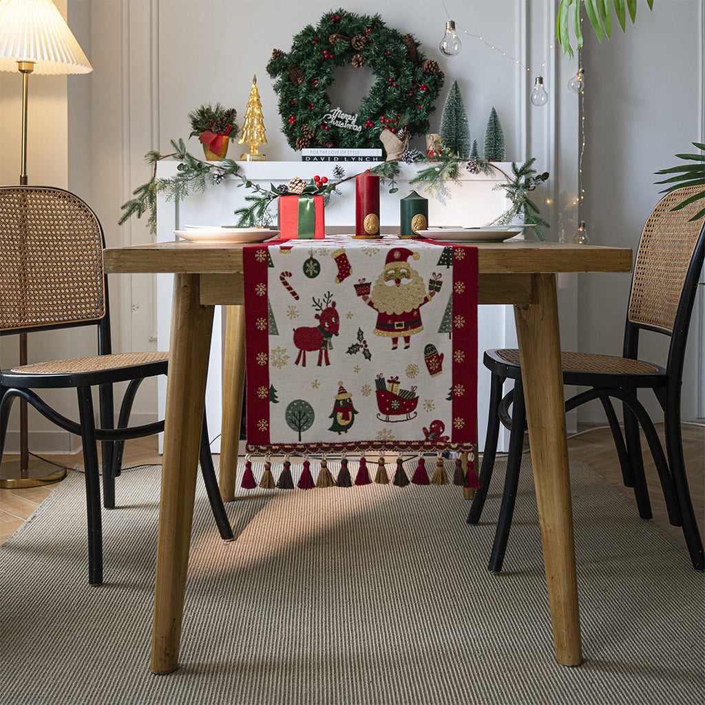 Christmas Jacquard Table Runner with Tassel Trim - Santa