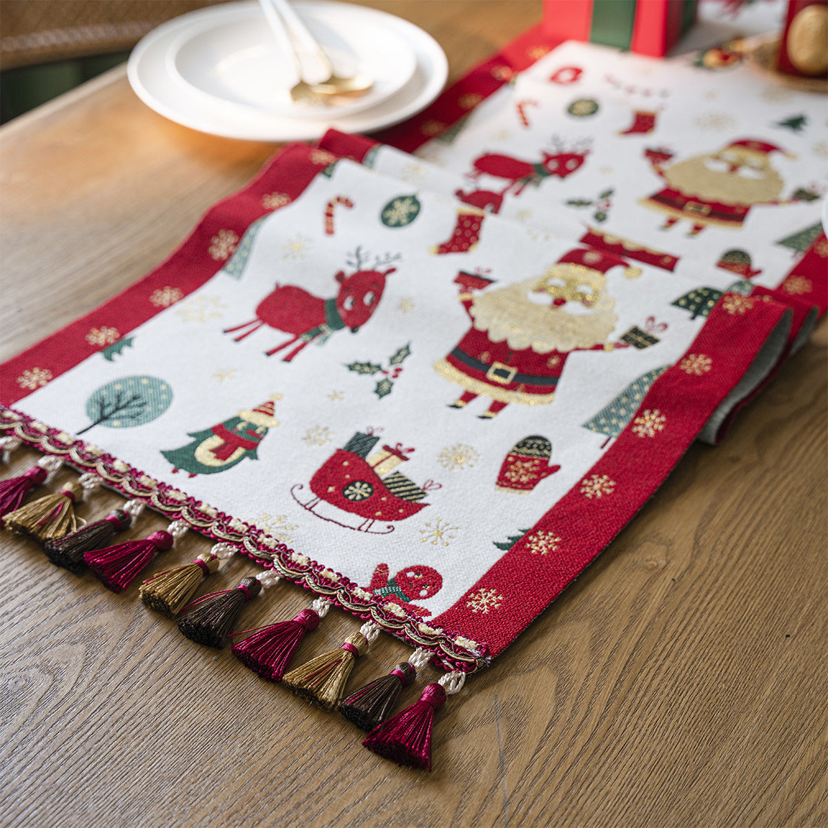 Christmas Jacquard Table Runner with Tassel Trim - White - 1