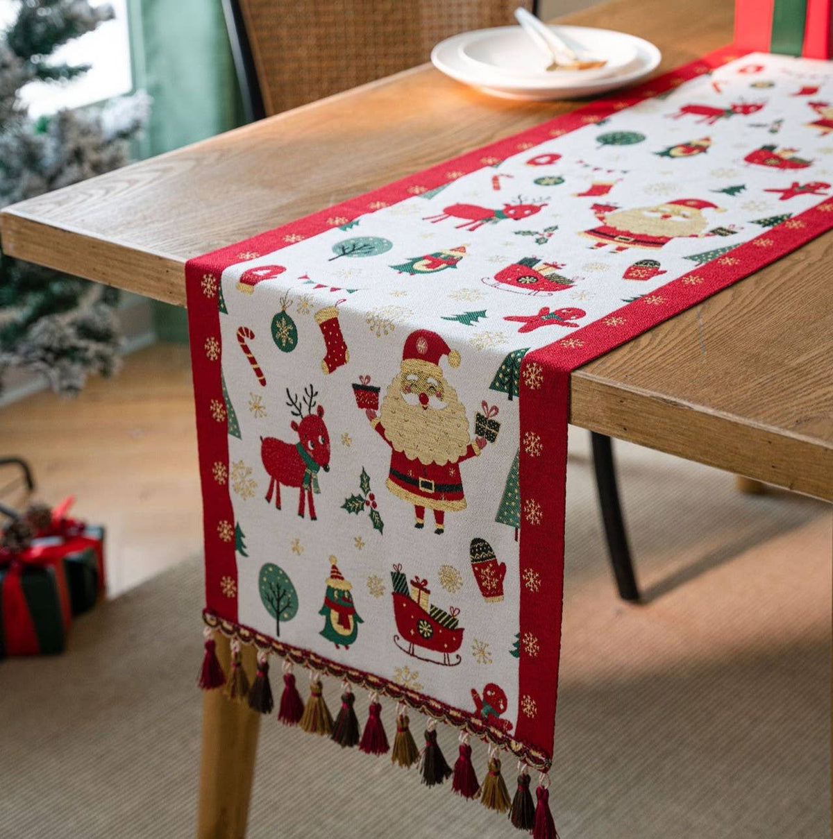 Christmas Jacquard Table Runner with Tassel Trim