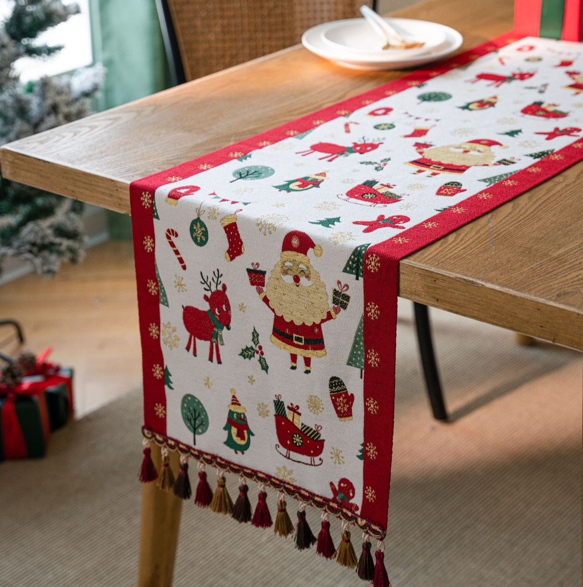 Christmas Jacquard Table Runner with Tassel Trim - view 1