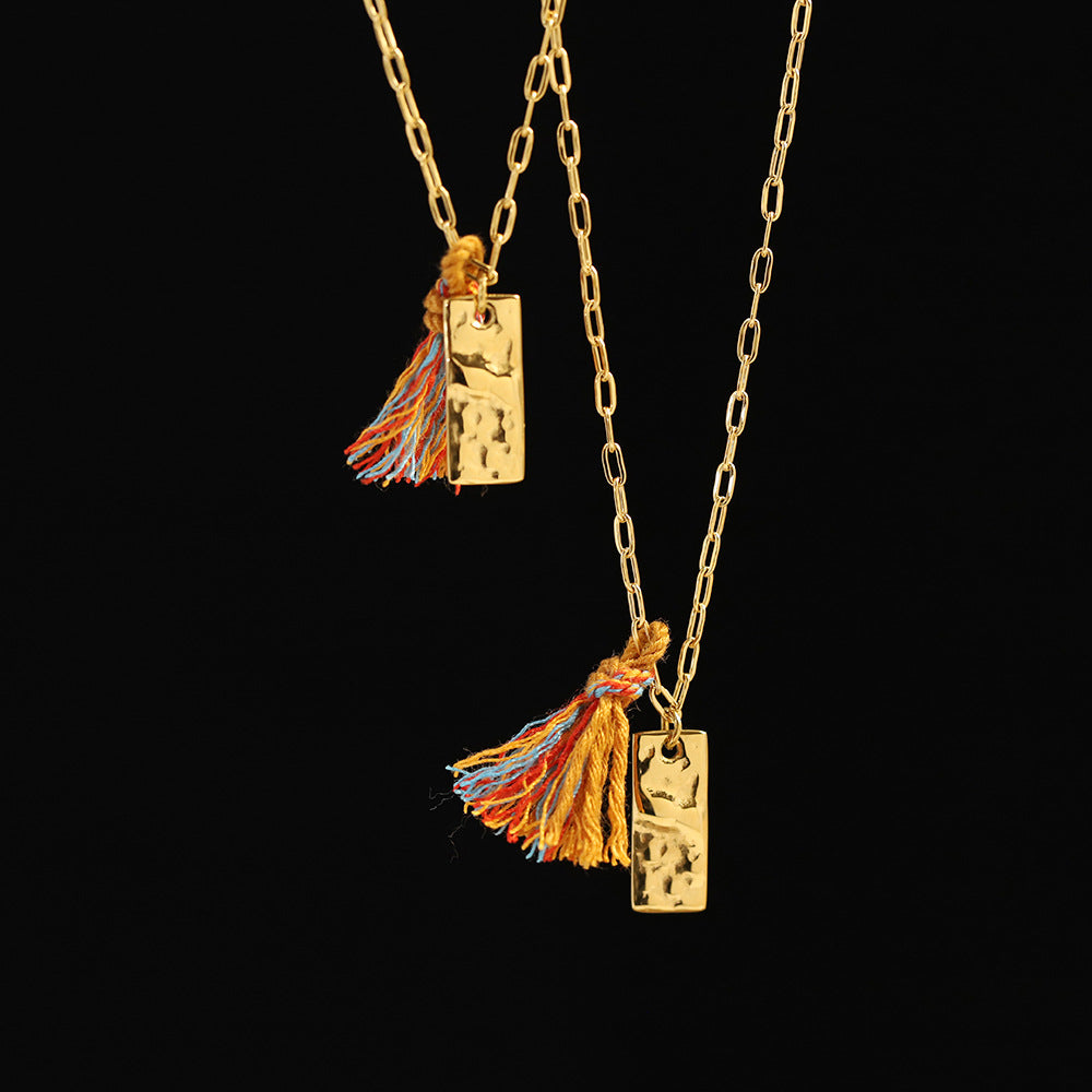 Textured Tag Charm Necklace With Rainbow Tassel - Gold - 1