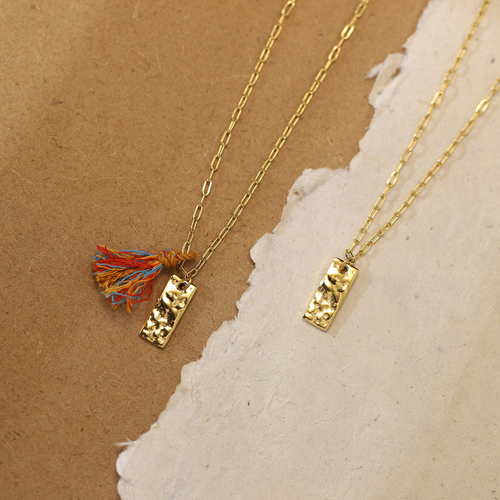 Textured Tag Charm Necklace With Rainbow Tassel - Gold - 2