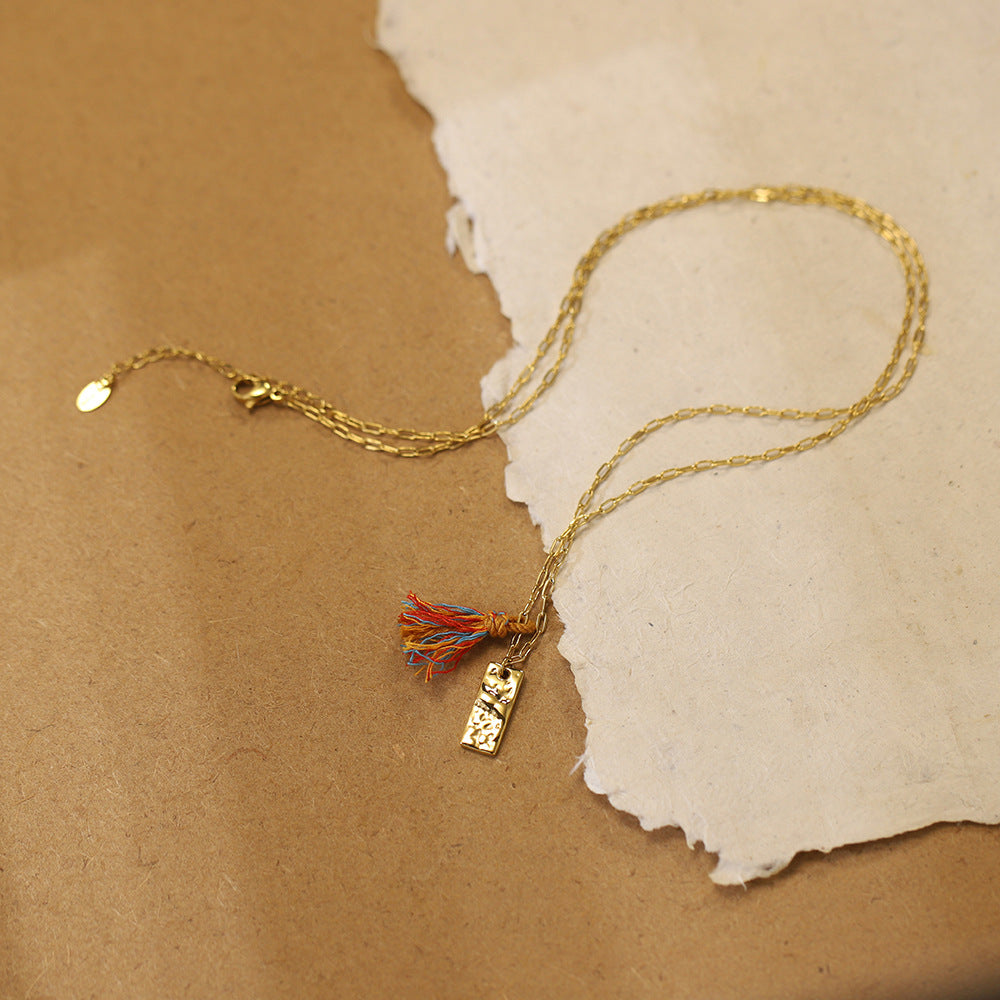 Textured Tag Charm Necklace With Rainbow Tassel - Gold - 3