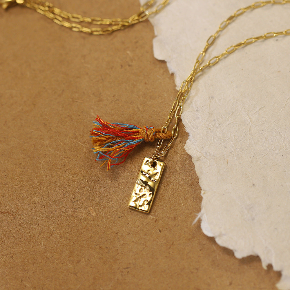 Textured Tag Charm Necklace With Rainbow Tassel - Gold - 4
