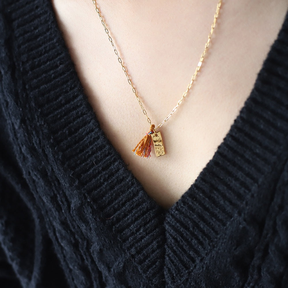 Textured Tag Charm Necklace With Rainbow Tassel - Gold - 5