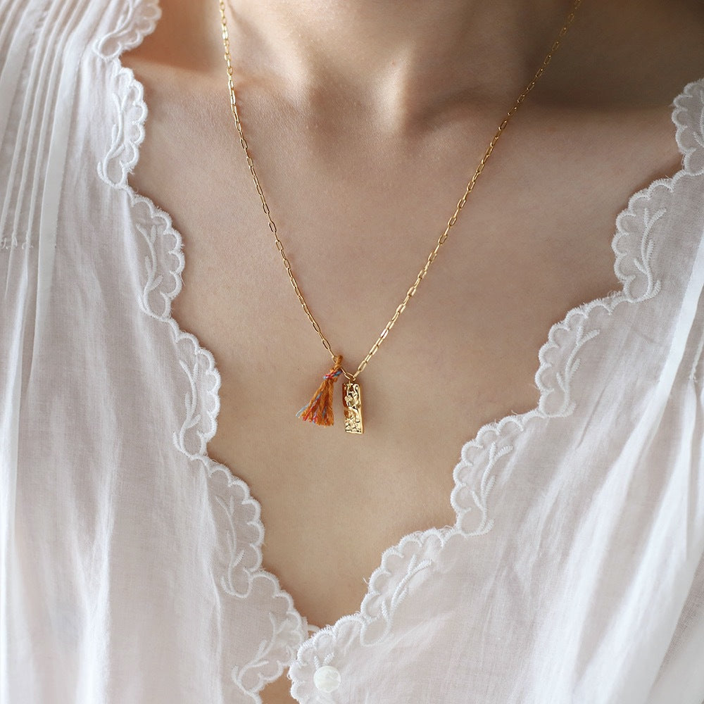 Textured Tag Charm Necklace With Rainbow Tassel - Gold - 6