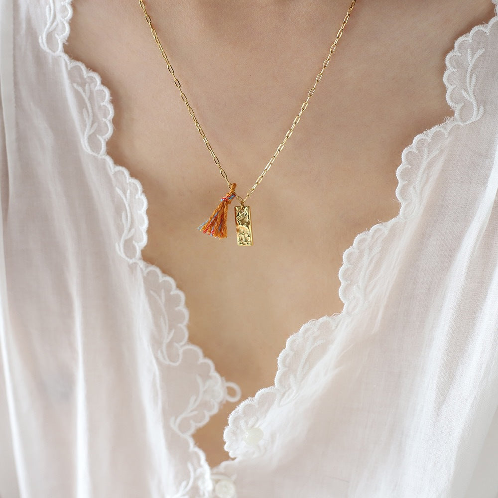 Textured Tag Charm Necklace With Rainbow Tassel - Gold - 7