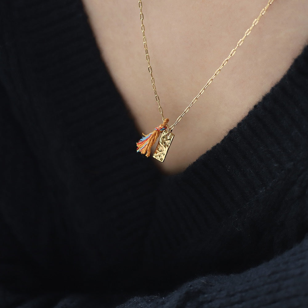 Textured Tag Charm Necklace With Rainbow Tassel - Gold - 8