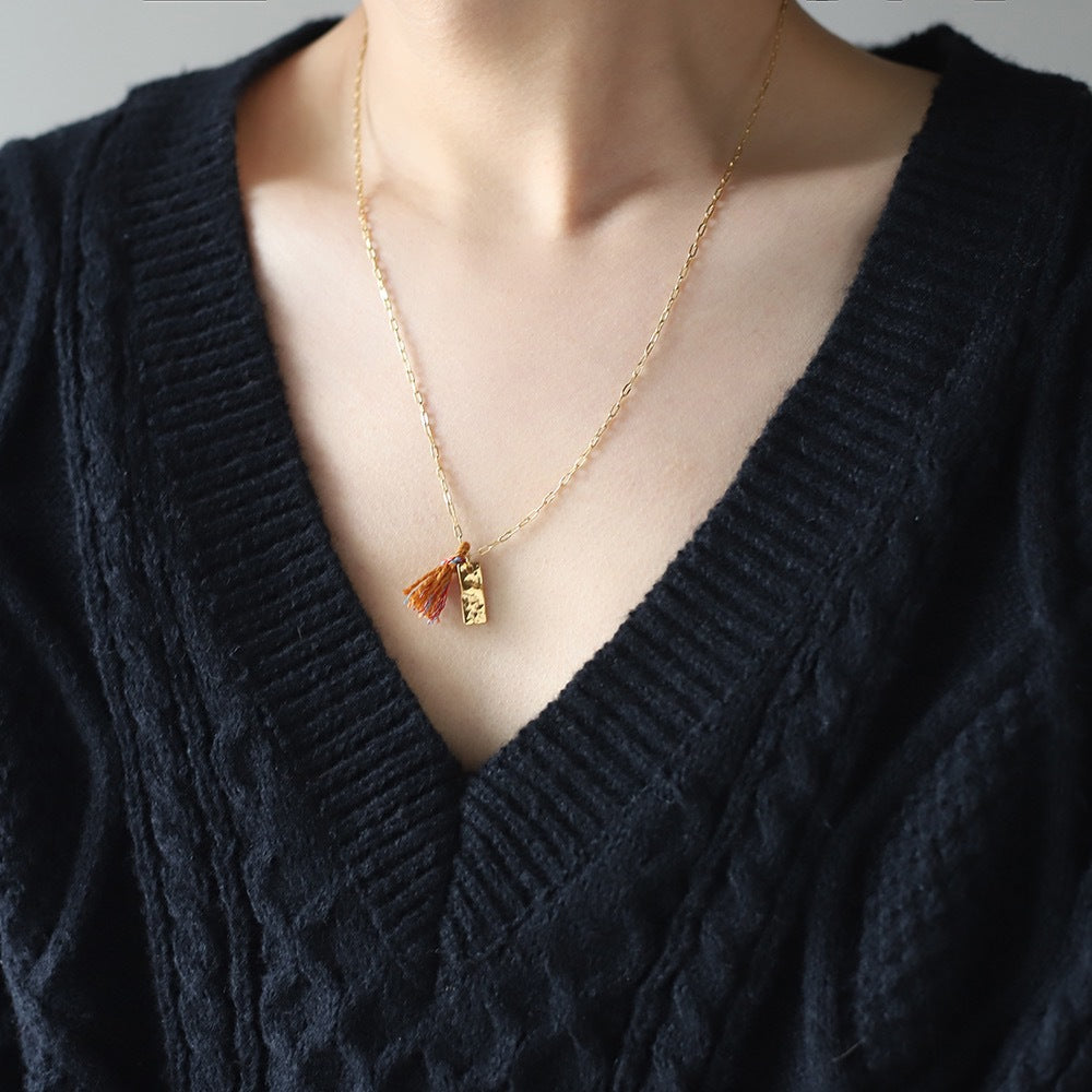 Textured Tag Charm Necklace With Rainbow Tassel - view 1