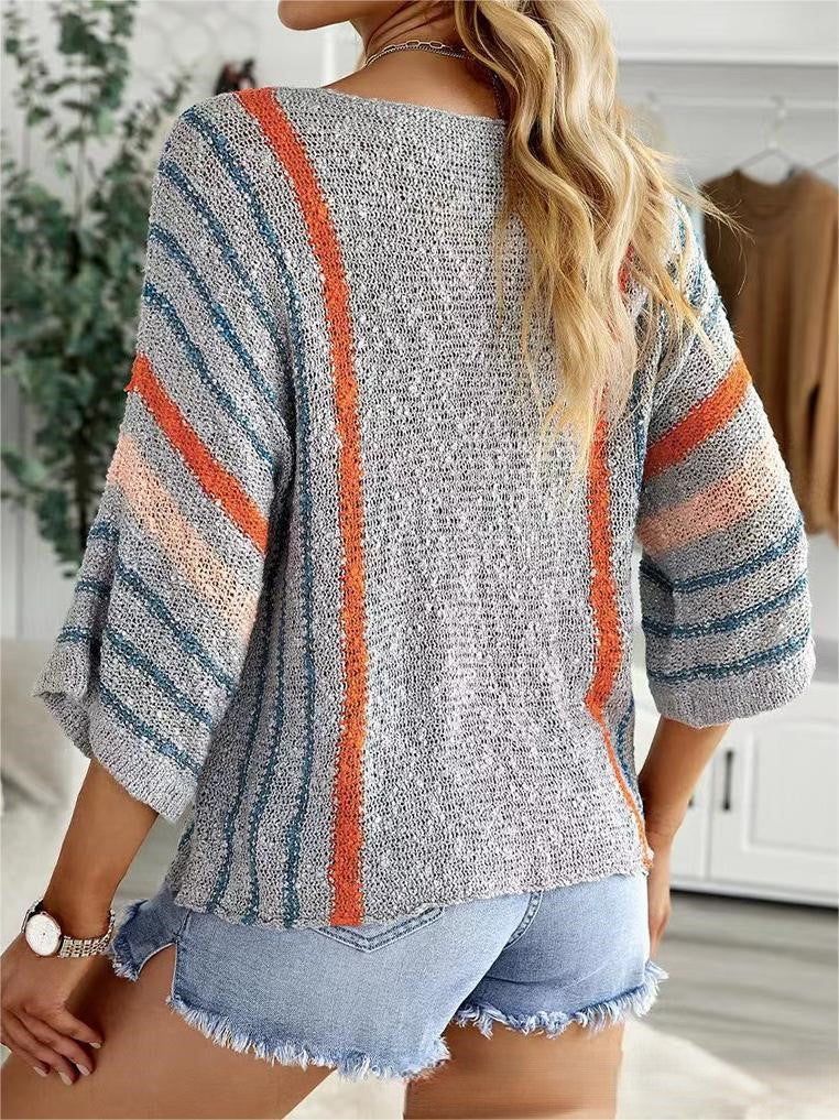 Boho Stripe Flared Sleeve Boat Neck Sweater - Striped-G - 1