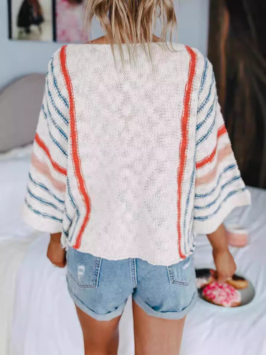 Boho Stripe Flared Sleeve Boat Neck Sweater - Striped-W - 1