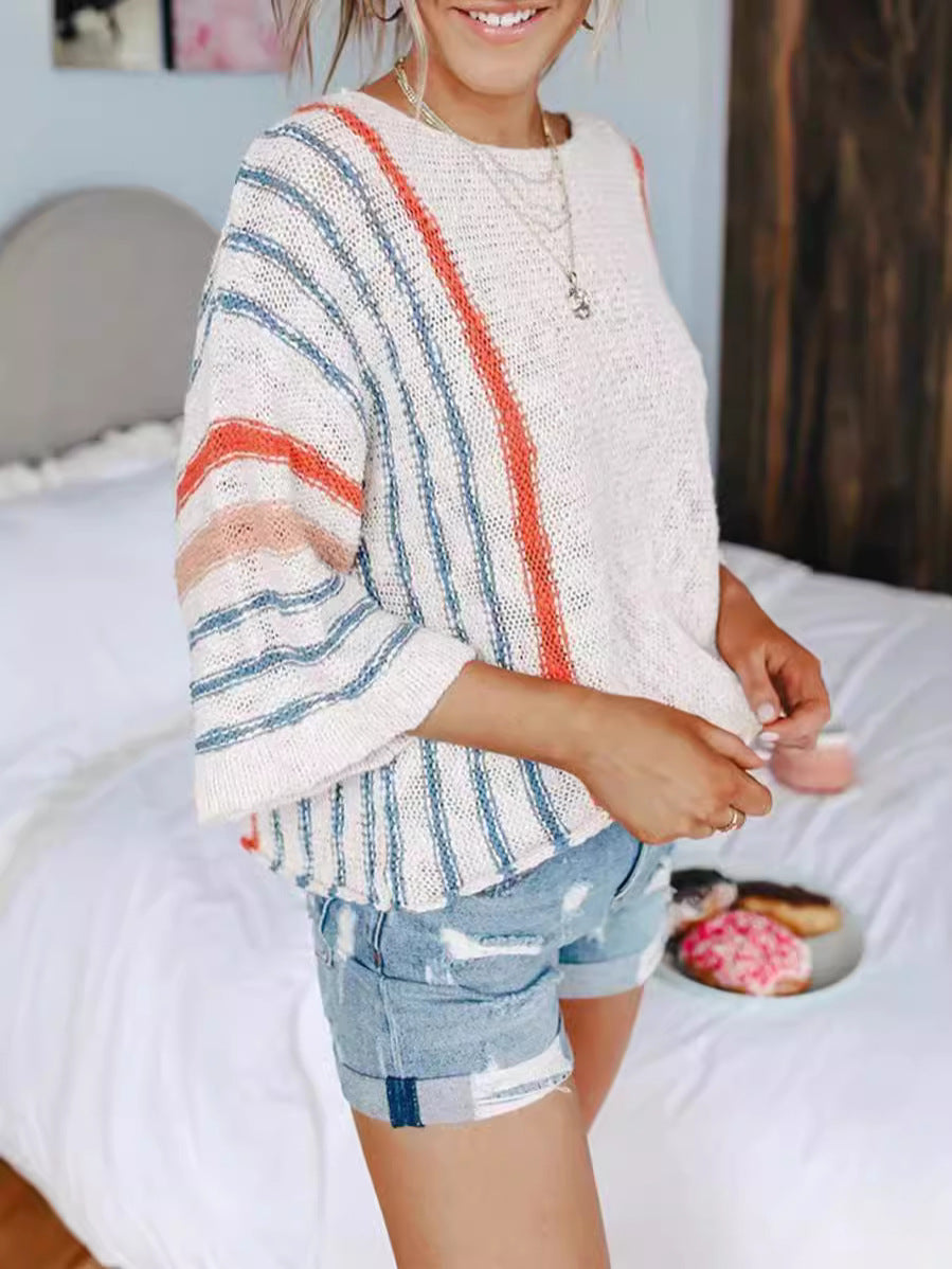 Boho Stripe Flared Sleeve Boat Neck Sweater - Striped-W - 2