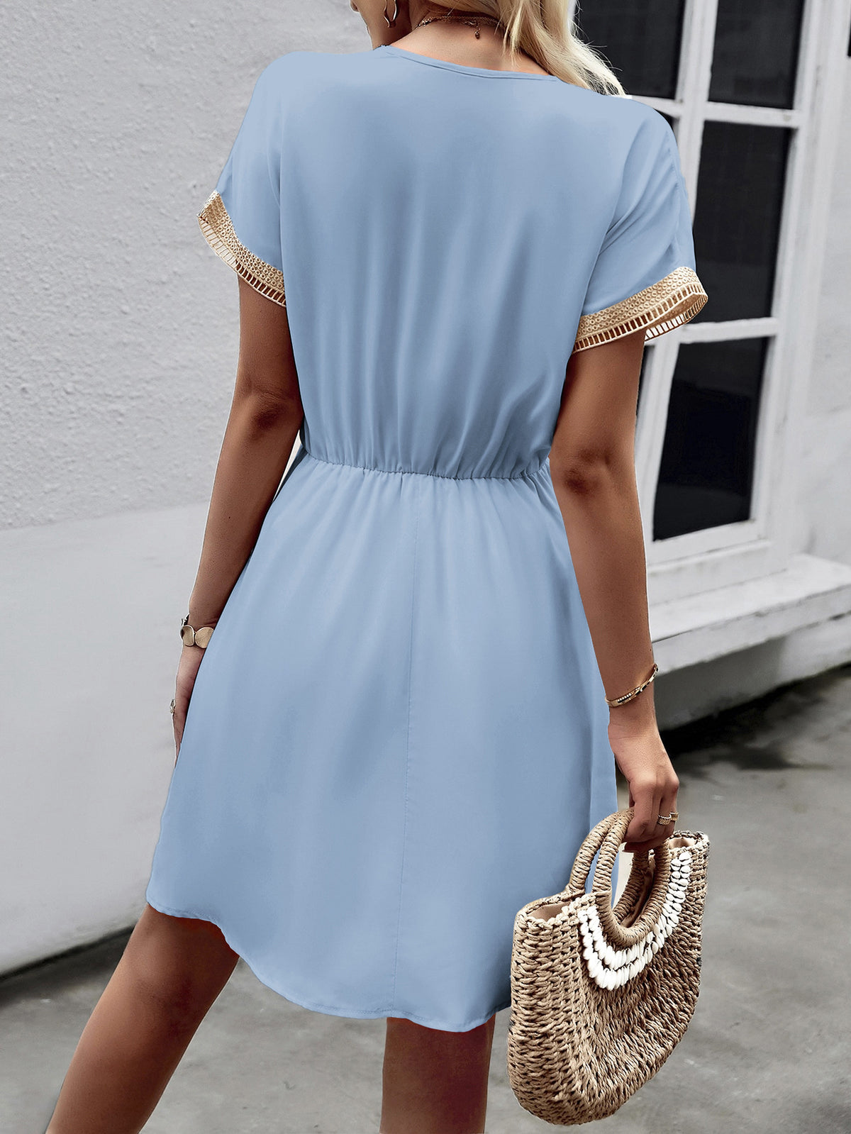 Crochet Trim V-Neck Chiffon Mini Dress - view 6