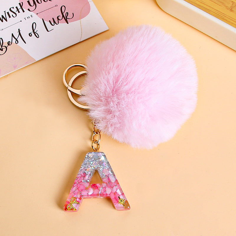 Fluffy Pom Resin Letter Keychain - A
