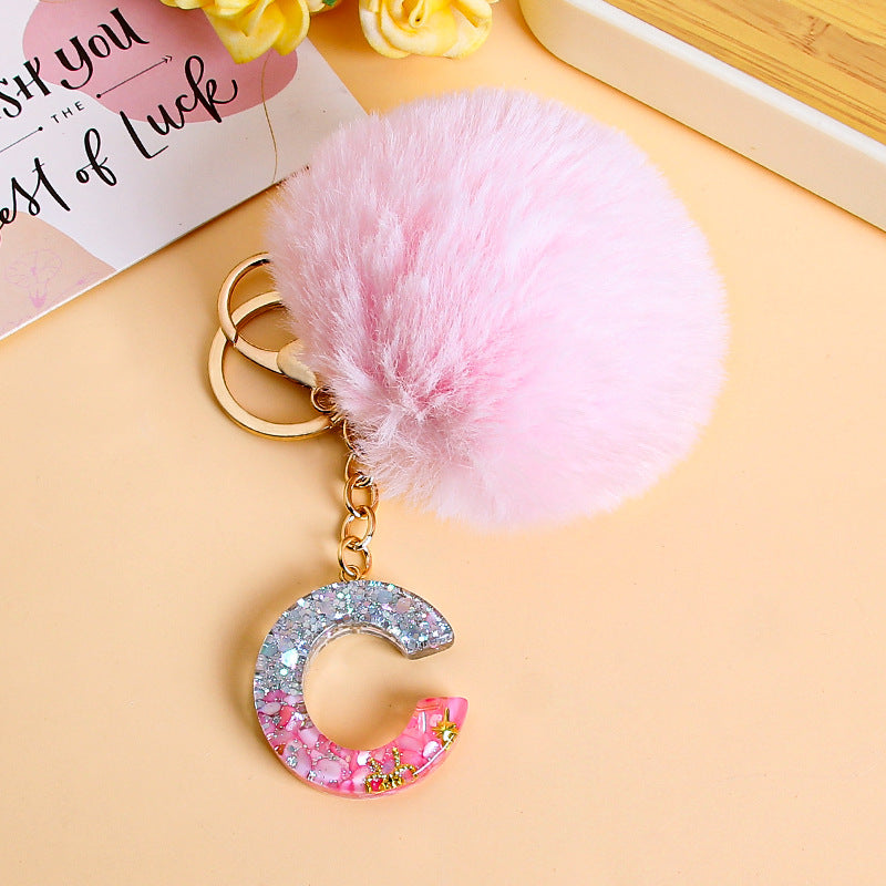 Fluffy Pom Resin Letter Keychain - C