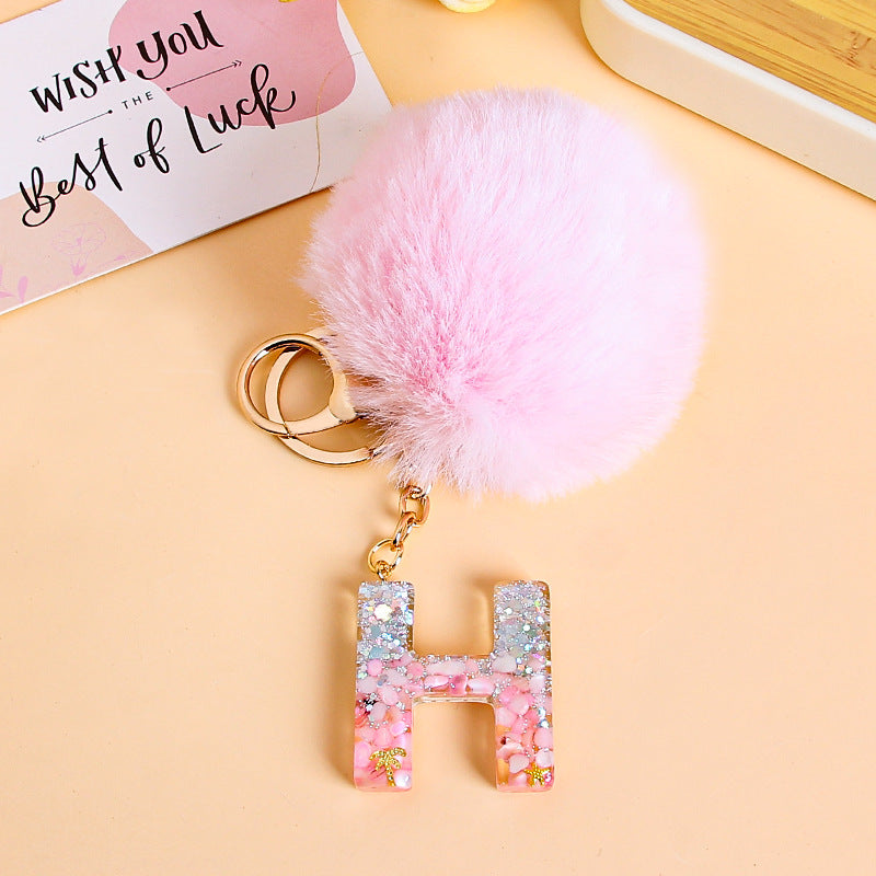 Fluffy Pom Resin Letter Keychain - H