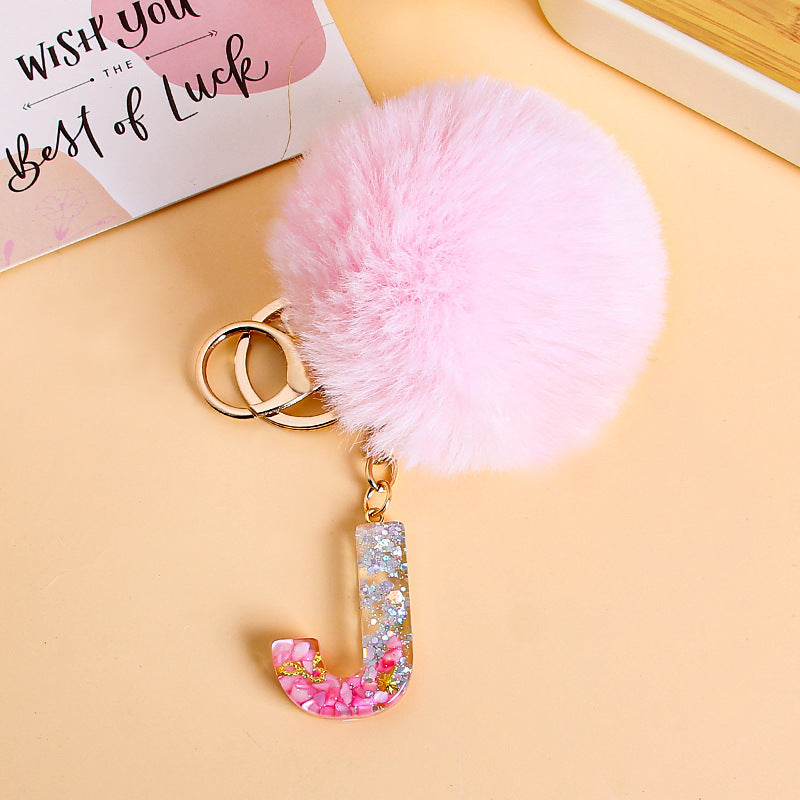 Fluffy Pom Resin Letter Keychain - J