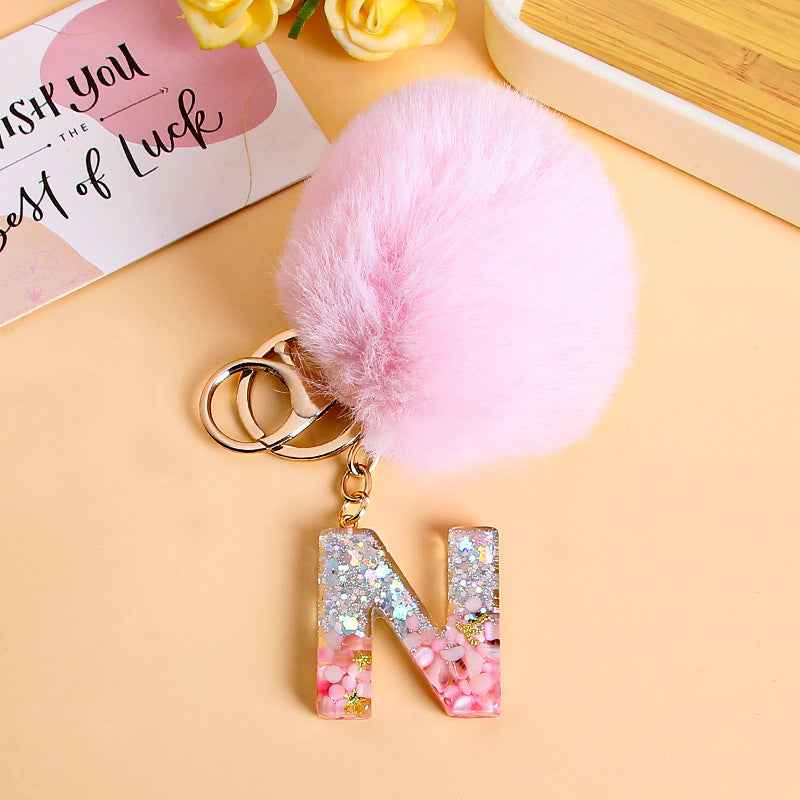 Fluffy Pom Resin Letter Keychain - N