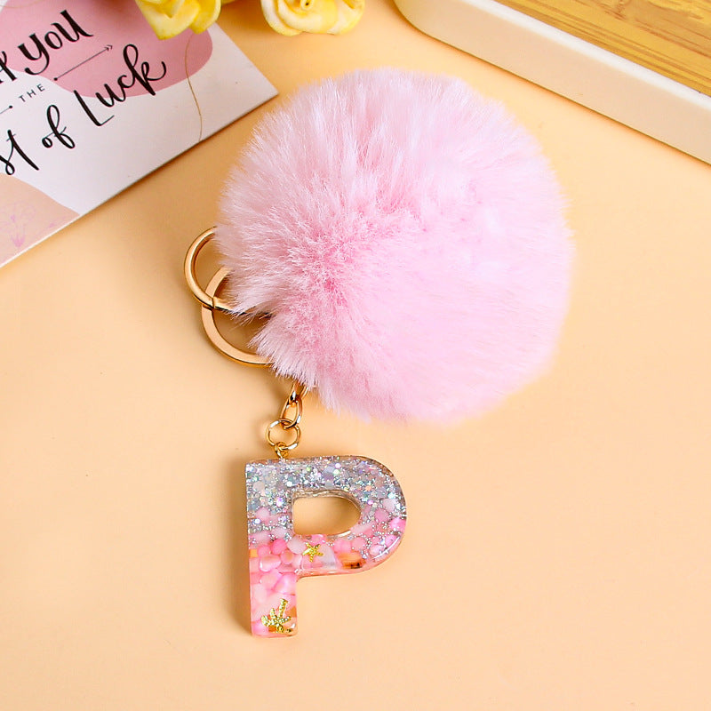 Fluffy Pom Resin Letter Keychain - P
