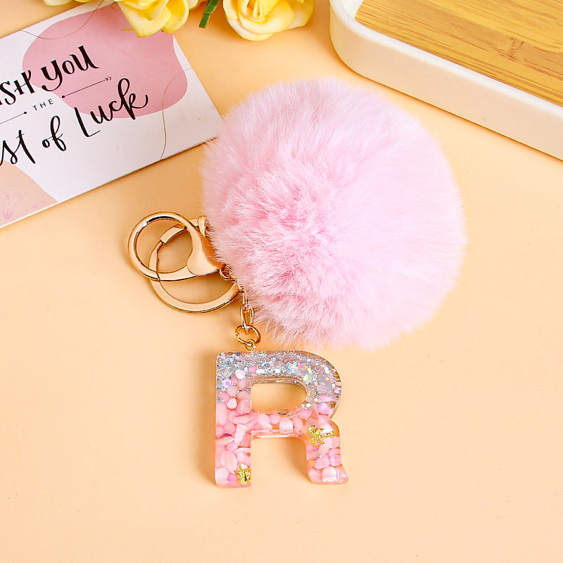 Fluffy Pom Resin Letter Keychain - R