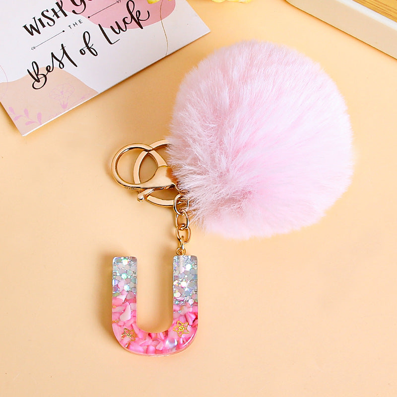 Fluffy Pom Resin Letter Keychain - U