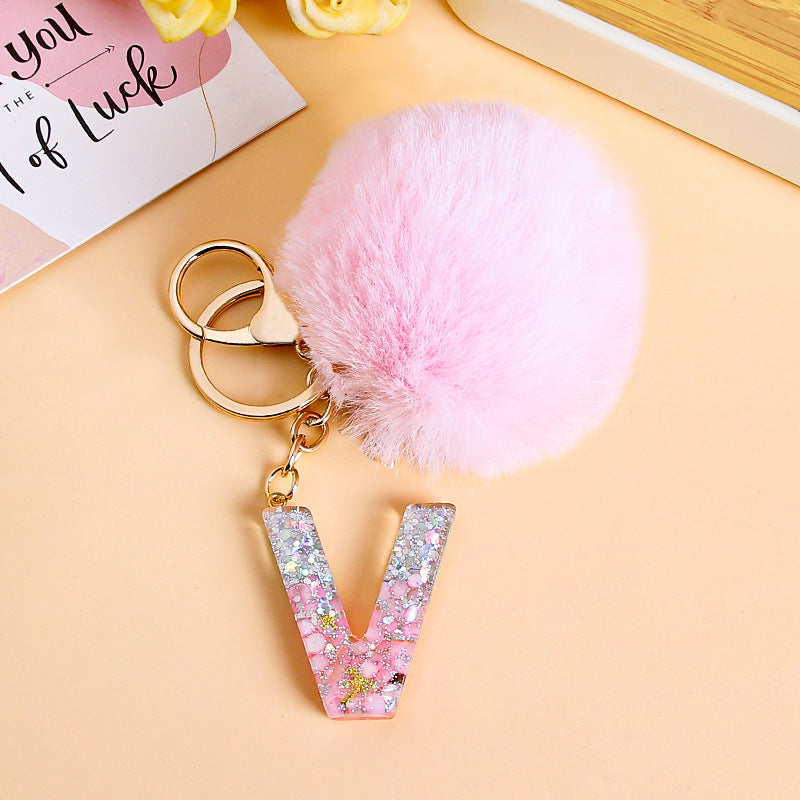 Fluffy Pom Resin Letter Keychain - V