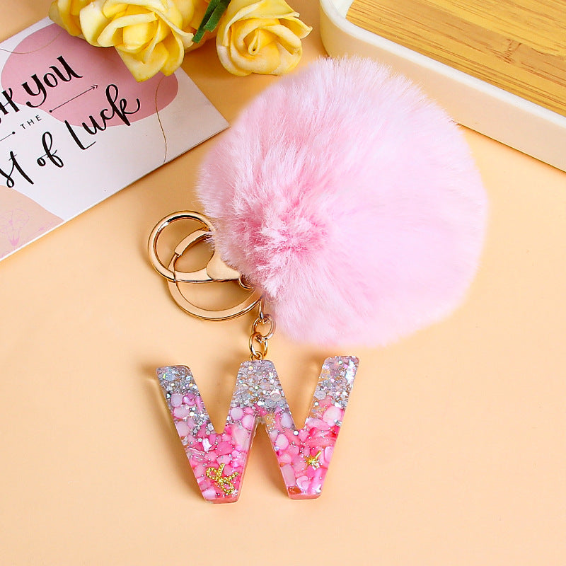 Fluffy Pom Resin Letter Keychain - W