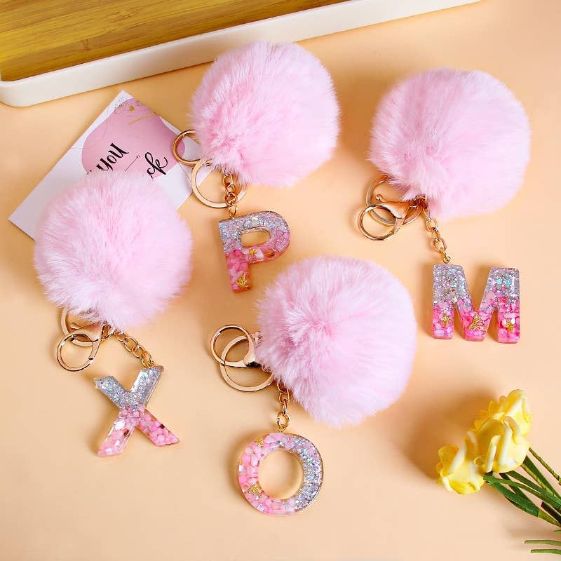 Fluffy Pom Resin Letter Keychain