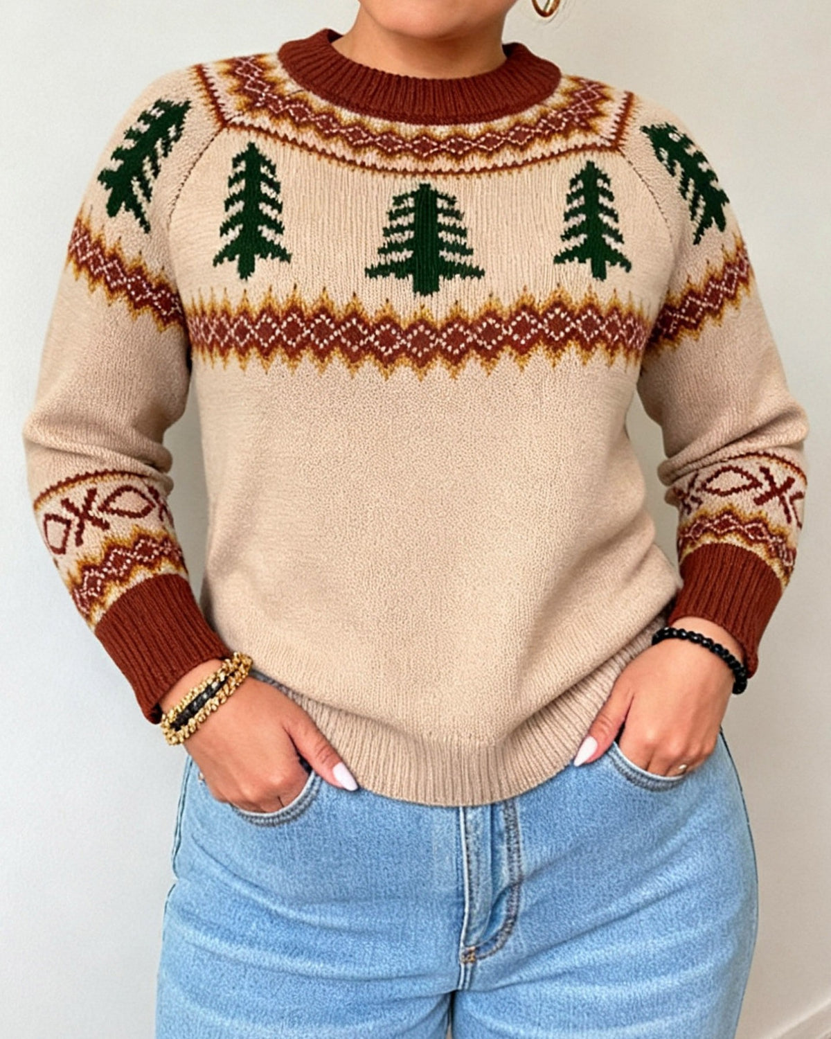 Nordic Fir Motif Crewneck Sweater - Apricot