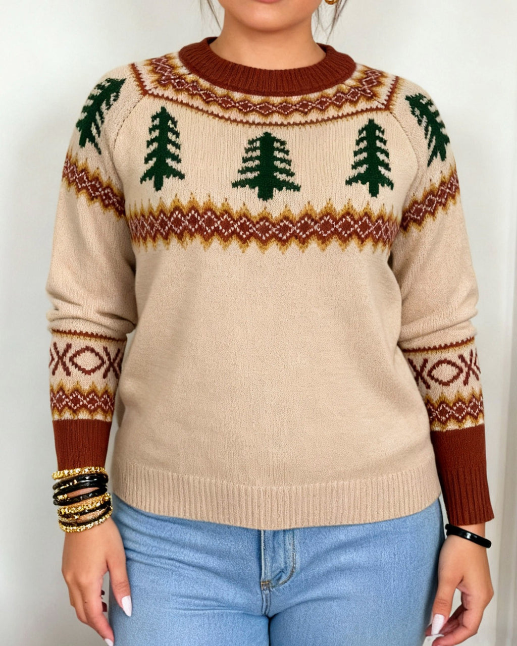 Nordic Fir Motif Crewneck Sweater - Apricot - 1