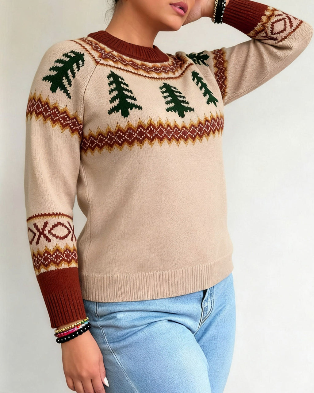 Nordic Fir Motif Crewneck Sweater - Apricot - 2
