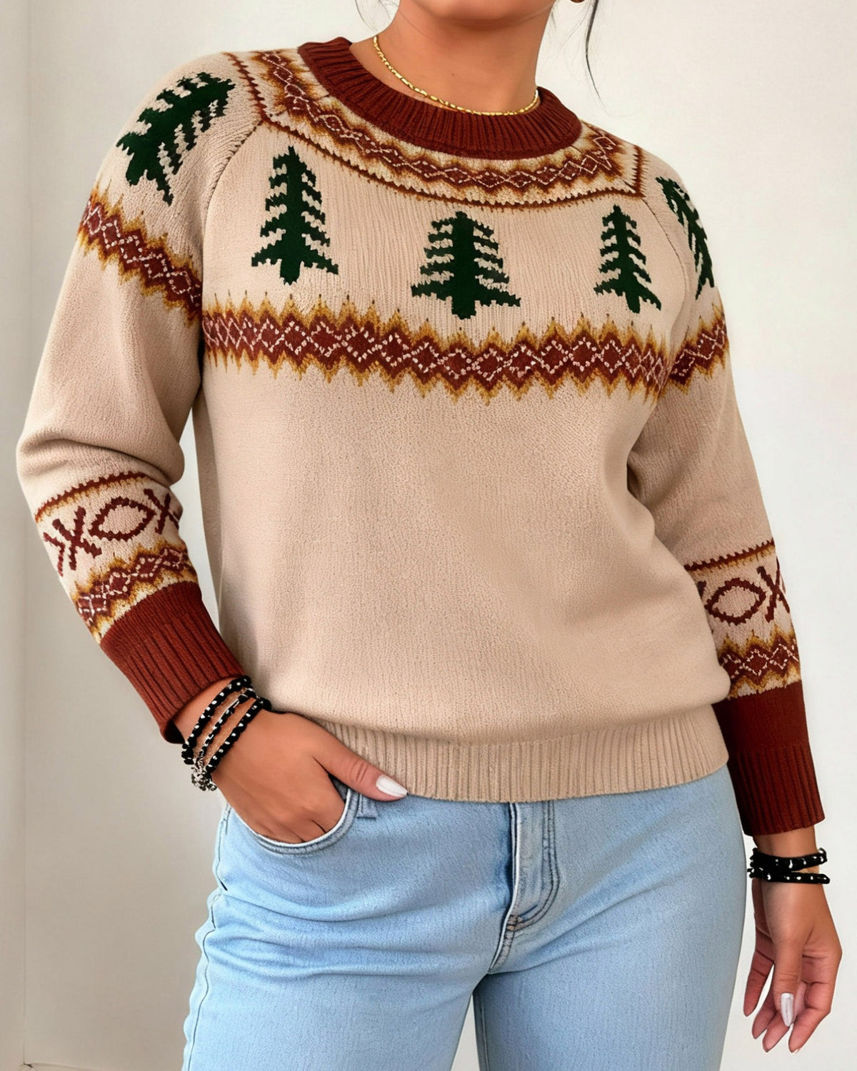 Nordic Fir Motif Crewneck Sweater - Apricot - 3