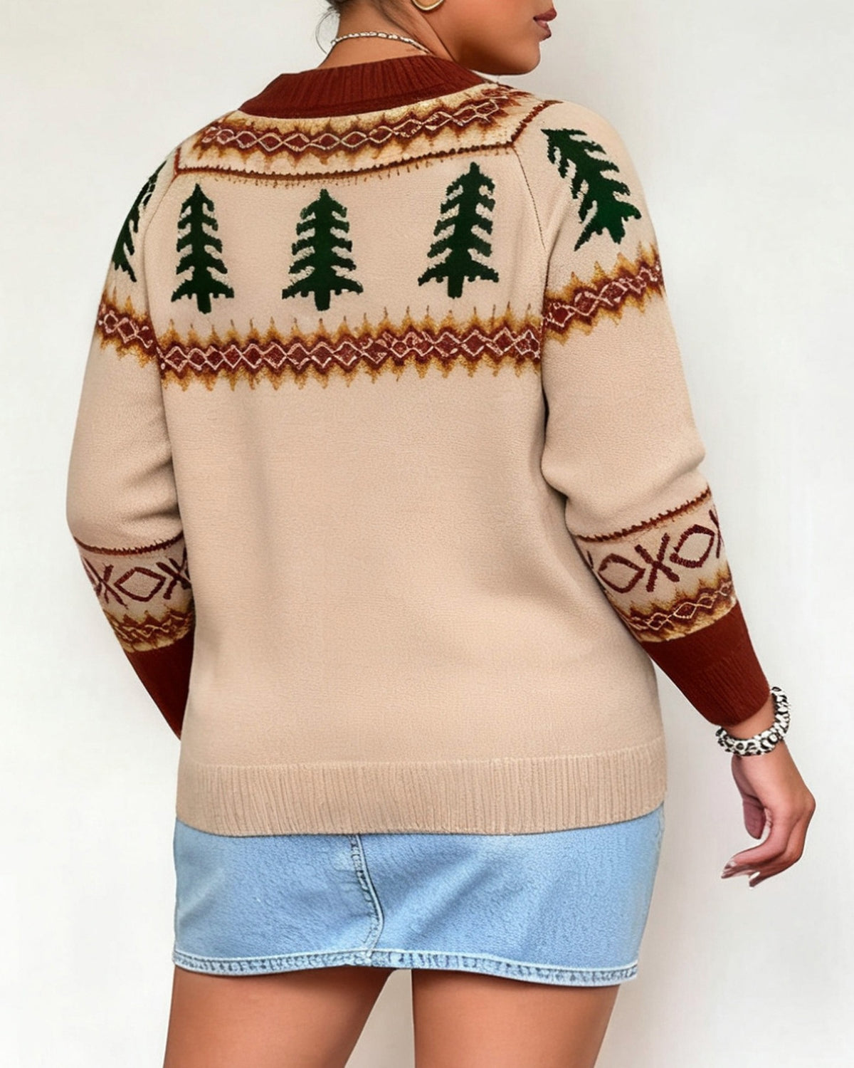 Nordic Fir Motif Crewneck Sweater - Apricot - 4