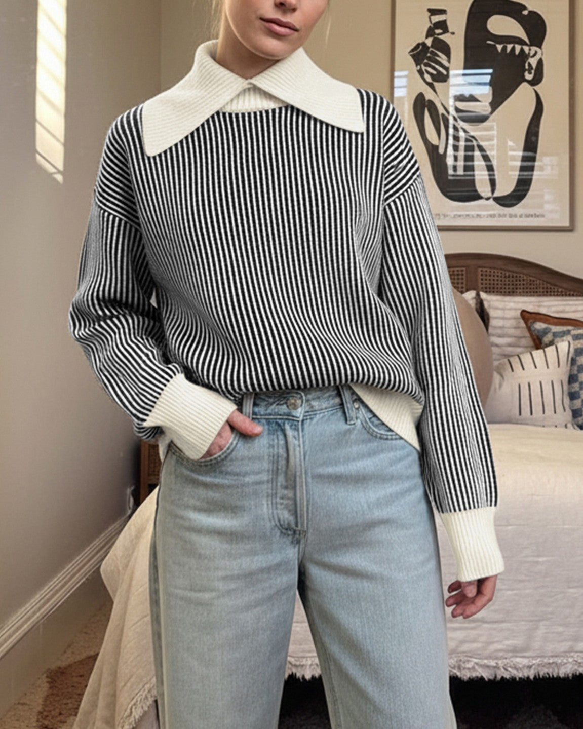 Pinstripe Contrast Collar Pullover Sweater - Black